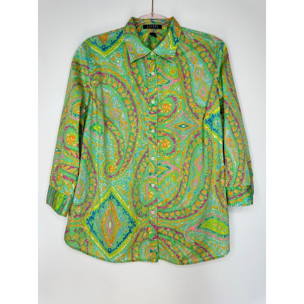 Lauren Ralph Lauren Button Down Shirt Womens 1X Green Paisley Cotton Artsy